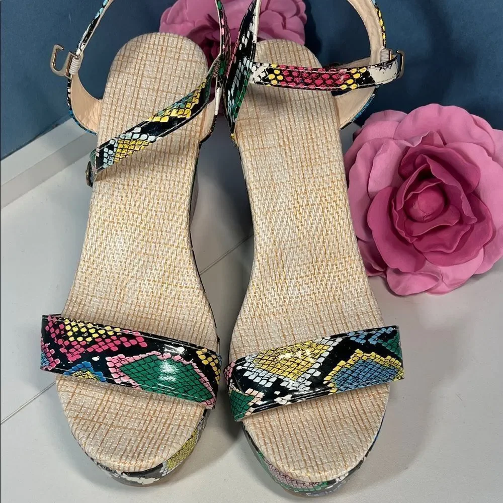 New w/o Box! Vibrant Multicolor Faux Snakeskin Platform Wedge Sandals Womens 42